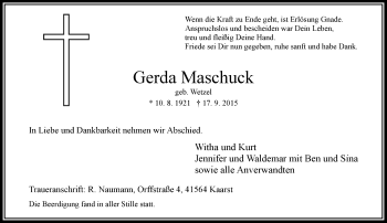 Traueranzeige von Gerda Maschuck von Rheinische Post