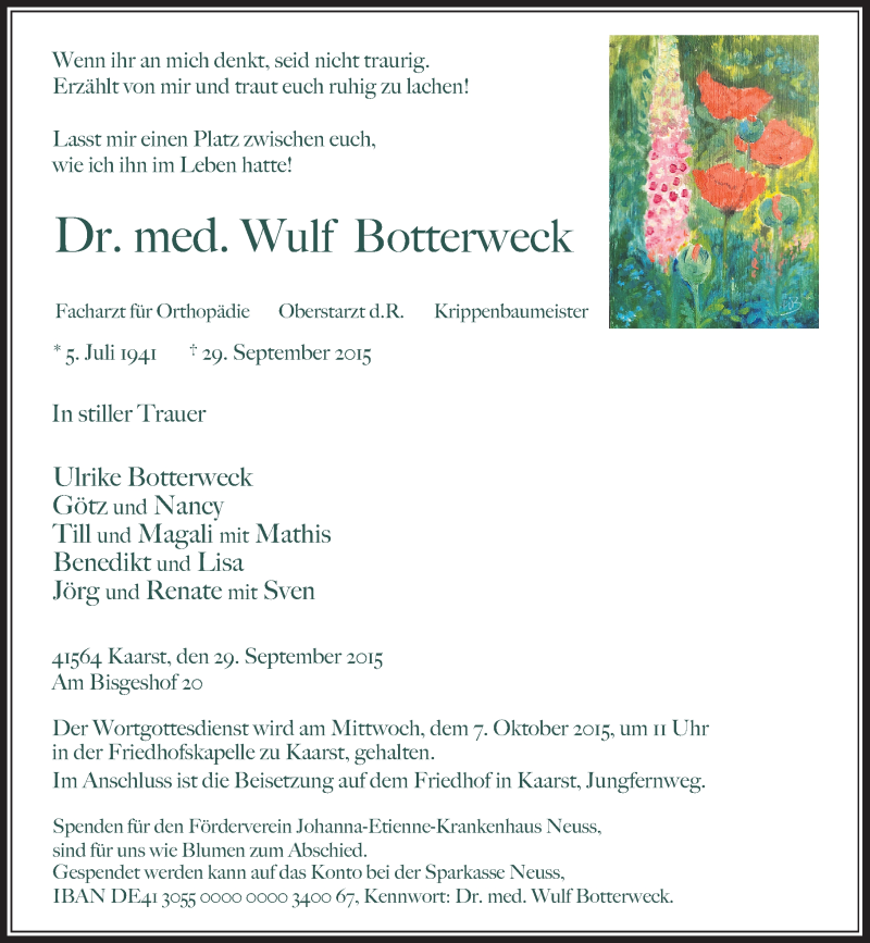  Traueranzeige für Wulf Botterweck vom 03.10.2015 aus Rheinische Post