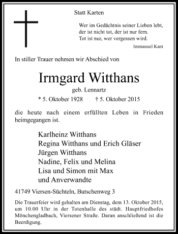 Traueranzeige von Irmgard Witthans von Rheinische Post