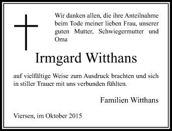 Traueranzeige von Irmgard Witthans von Rheinische Post