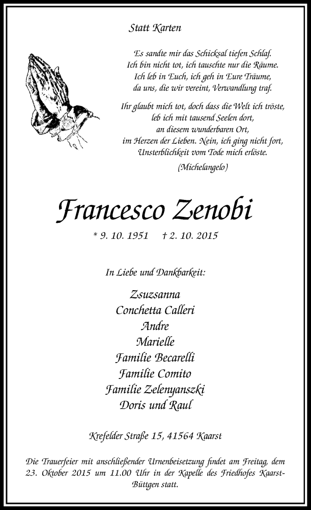  Traueranzeige für Francesco Zenobi vom 17.10.2015 aus Rheinische Post