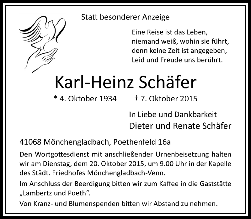  Traueranzeige für Karl-Heinz Schäfer vom 14.10.2015 aus Rheinische Post