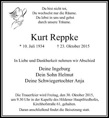 Traueranzeige von Kurt Reppke von Rheinische Post