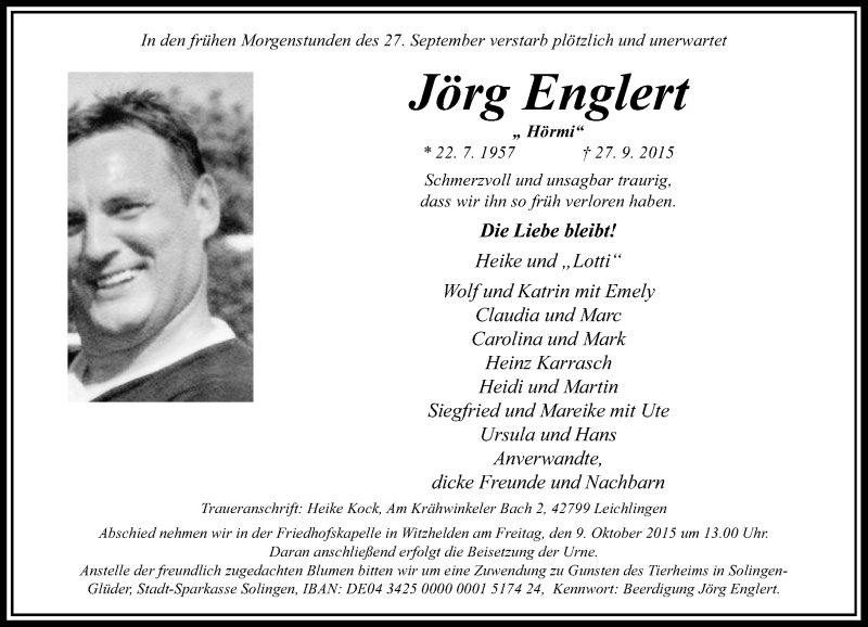  Traueranzeige für Jörg Englert vom 06.10.2015 aus Rheinische Post
