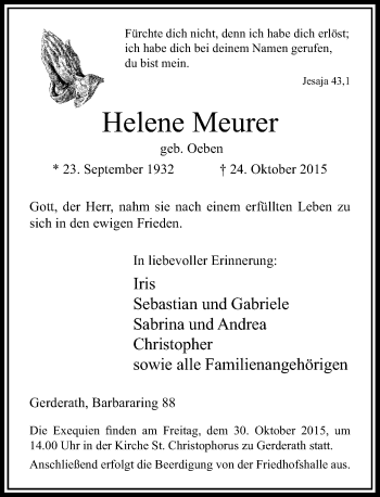 Traueranzeige von Helene Meurer von Rheinische Post