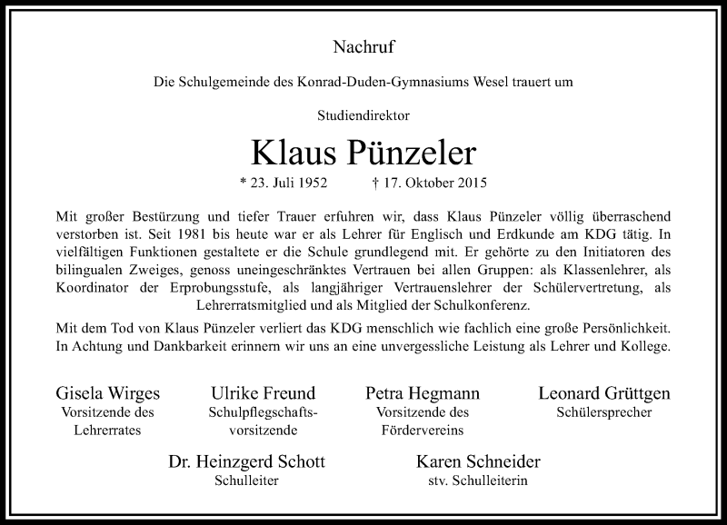  Traueranzeige für Klaus Pünzeler vom 21.10.2015 aus Rheinische Post
