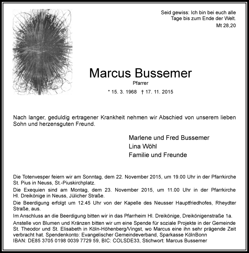  Traueranzeige für Marcus Bussemer vom 20.11.2015 aus Rheinische Post