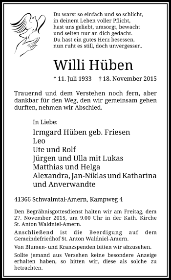 Traueranzeige von Willi Hüben von Rheinische Post