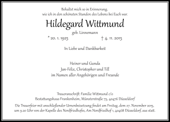 Traueranzeige von Hildegard Wittmund von Rheinische Post