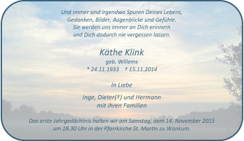Traueranzeige von Käthe Klink von Rheinische Post