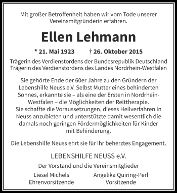 Traueranzeige von Ellen Lehmann von Rheinische Post