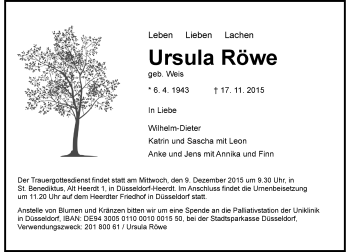 Traueranzeige von Ursula Röwe von Rheinische Post