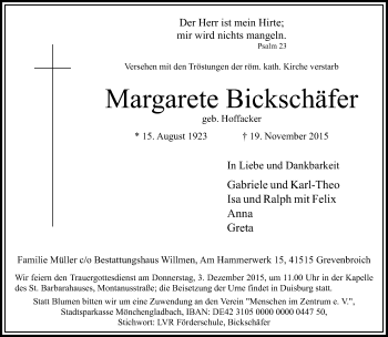 Traueranzeige von Margarete Bickschäfer von Rheinische Post