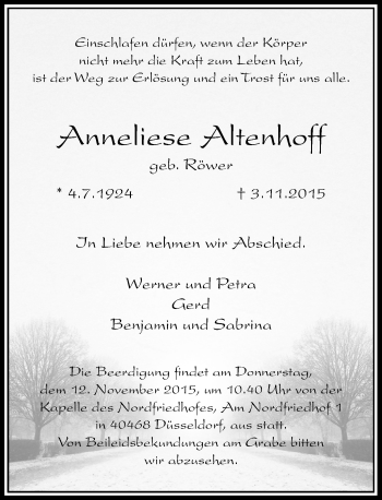 Traueranzeige von Anneliese Altenhoff von Rheinische Post