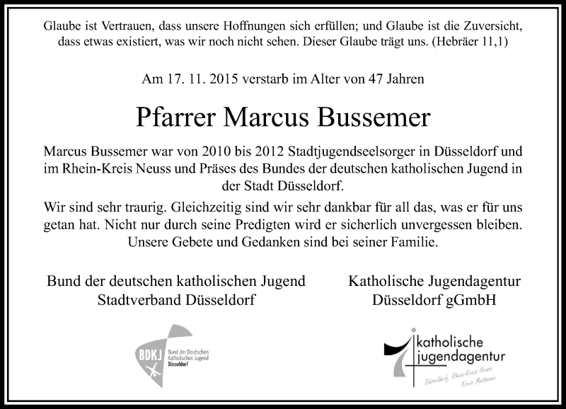  Traueranzeige für Marcus Bussemer vom 21.11.2015 aus Rheinische Post