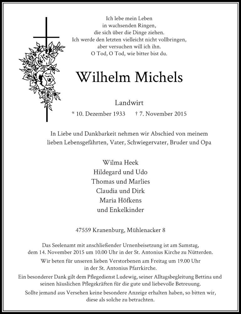  Traueranzeige für Wilhelm Michels vom 09.11.2015 aus Rheinische Post