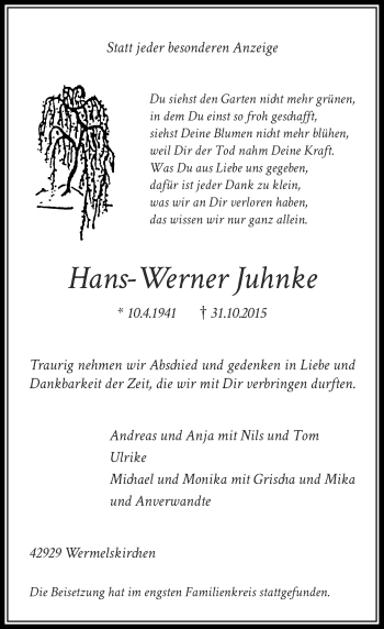 Traueranzeige von Hans-Werner Juhnke von Rheinische Post