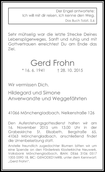 Traueranzeige von Gerd Frohn von Rheinische Post