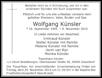 Traueranzeige von Wolfgang Künsler von Rheinische Post
