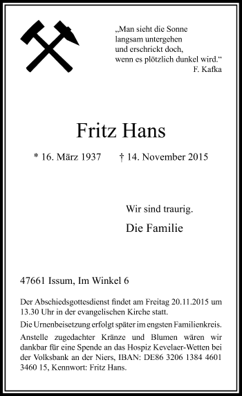 Traueranzeige von Fritz Hans von Rheinische Post