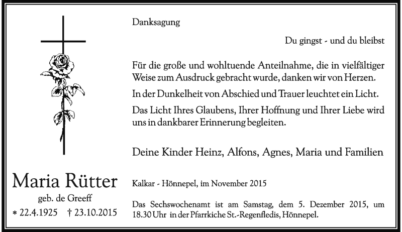  Traueranzeige für Maria Rütter vom 30.11.2015 aus Rheinische Post