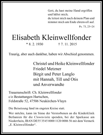 Traueranzeige von Elisabeth Kleinwellfonder von Rheinische Post