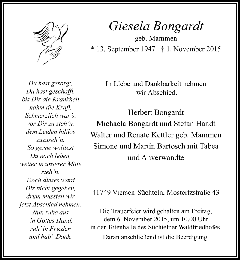  Traueranzeige für Giesela Bongardt vom 03.11.2015 aus Rheinische Post