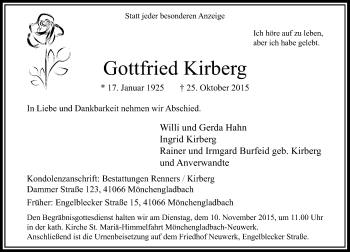 Traueranzeige von Gottfried Kirberg von Rheinische Post