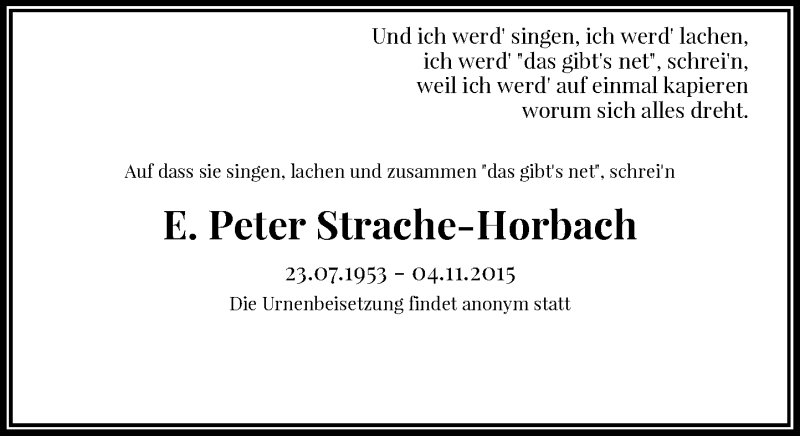  Traueranzeige für E. Peter Strache-Horbach vom 09.11.2015 aus Rheinische Post