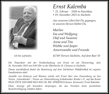 Traueranzeige von Ernst Kalemba von Rheinische Post