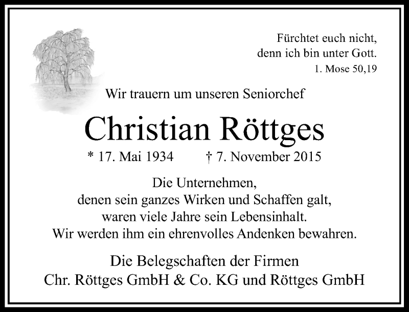  Traueranzeige für Christian Röttges vom 11.11.2015 aus Rheinische Post