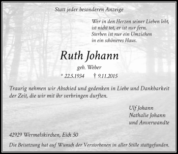 Traueranzeige von Ruth Johann von Rheinische Post
