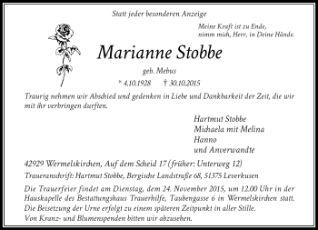 Traueranzeige von Marianne Stobbe von Rheinische Post