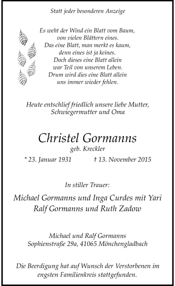 Traueranzeige von Christel Gormanns von Rheinische Post