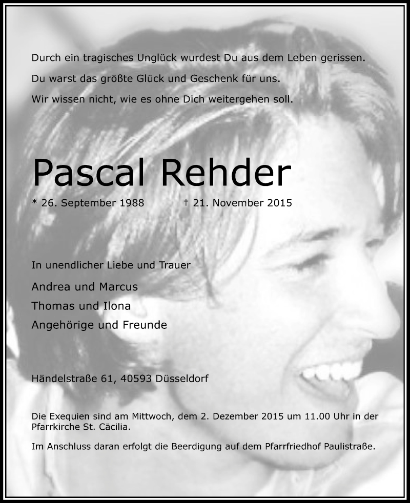 Traueranzeige für Pascal Rehder vom 28.11.2015 aus Rheinische Post