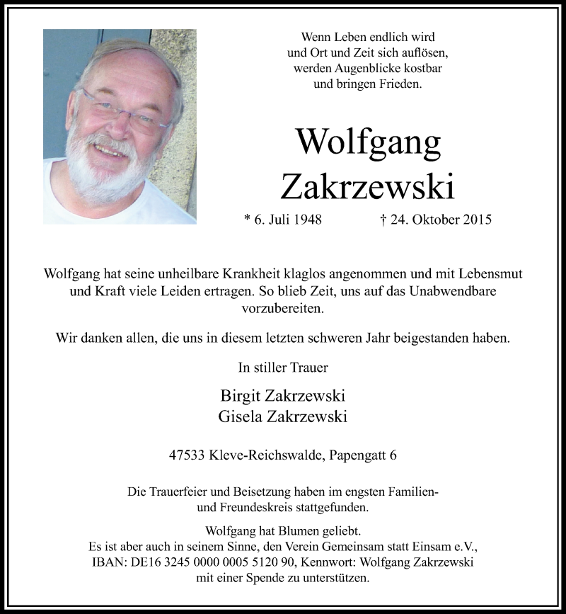  Traueranzeige für Wolfgang Zakrzewski vom 31.10.2015 aus Rheinische Post