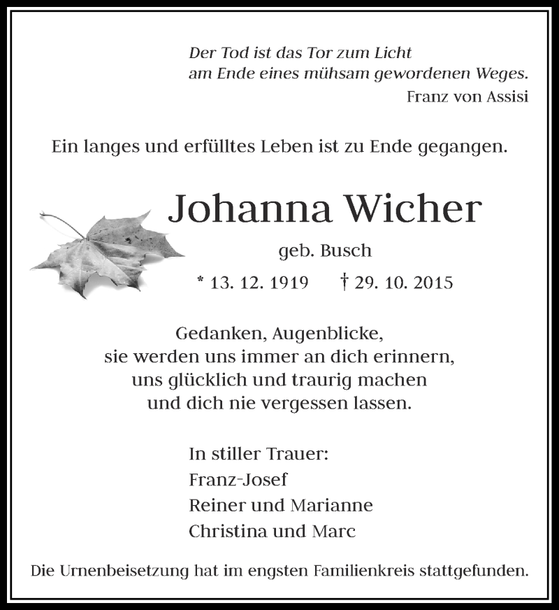  Traueranzeige für Johanna Wicher vom 14.11.2015 aus Rheinische Post