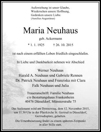 Traueranzeige von Maria Neuhaus von Rheinische Post