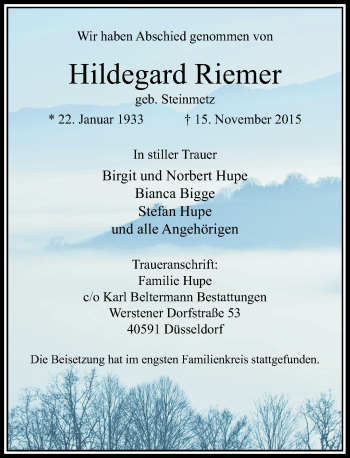 Traueranzeige von Hildegard Riemer von Rheinische Post