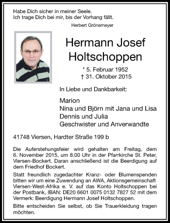 Traueranzeige von Hermann Josef Holtschoppen von Rheinische Post