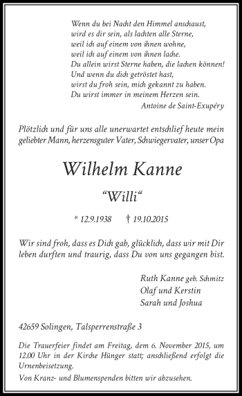 Traueranzeige von Wilhelm Kanne von Rheinische Post