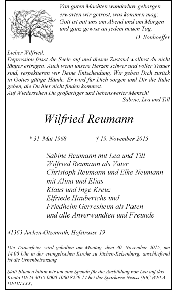 Traueranzeige von Wilfried Reumann von Rheinische Post