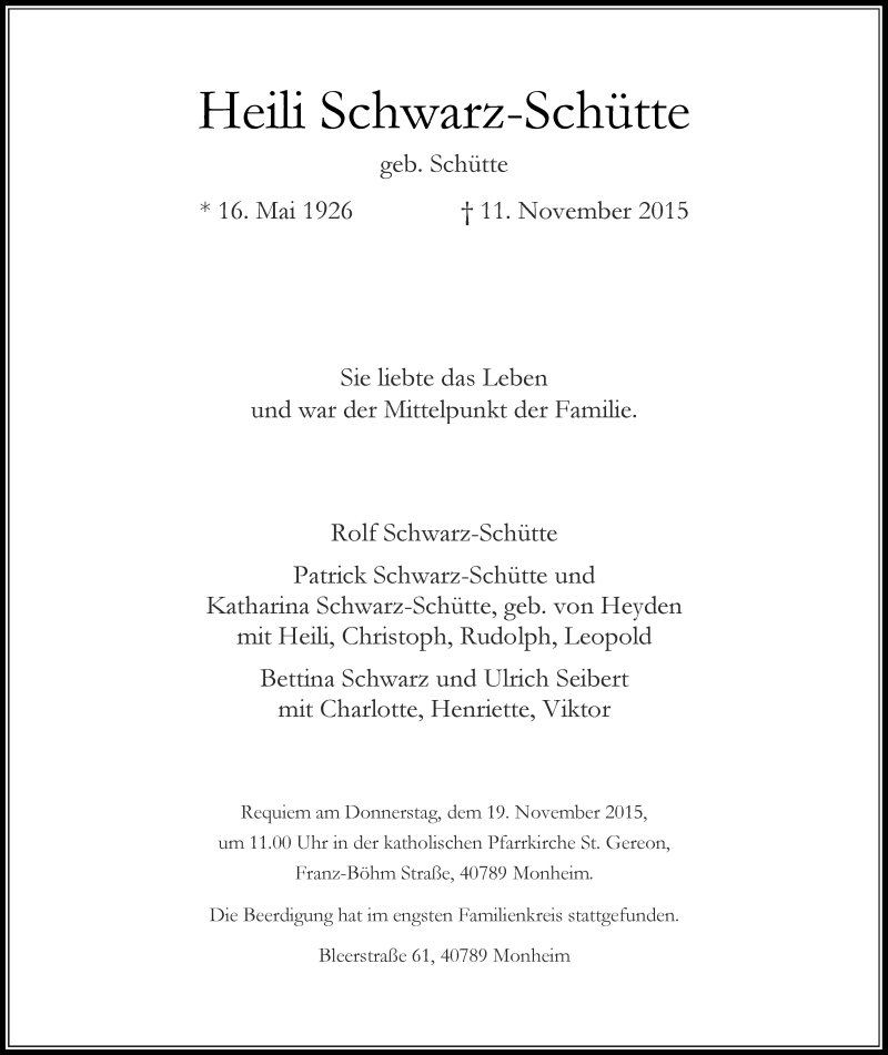  Traueranzeige für Heili Schwarz-Schütte vom 14.11.2015 aus Rheinische Post