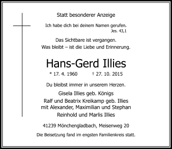 Traueranzeige von Hans-Gerd Illies von Rheinische Post