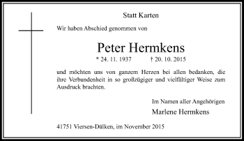 Traueranzeige von Peter Hermkens von Rheinische Post