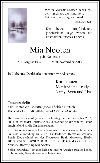 Traueranzeige von Mia Nooten von Rheinische Post