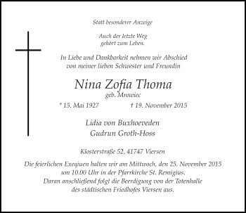 Traueranzeige von Nina Zofia Thoma von Rheinische Post