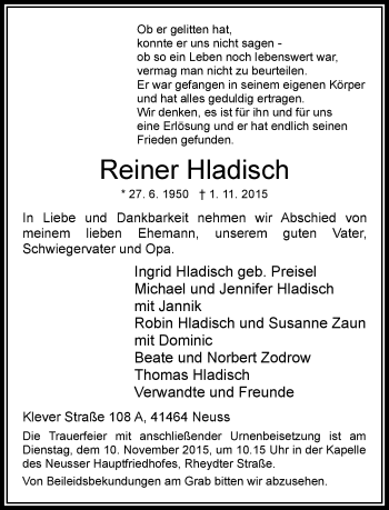 Traueranzeige von Reiner Hladisch von Rheinische Post