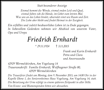 Traueranzeige von Friedrich Ernhardt von Rheinische Post