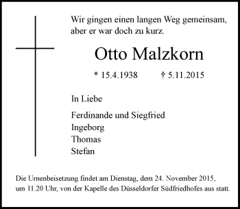 Traueranzeige von Otto Malzkorn von Rheinische Post